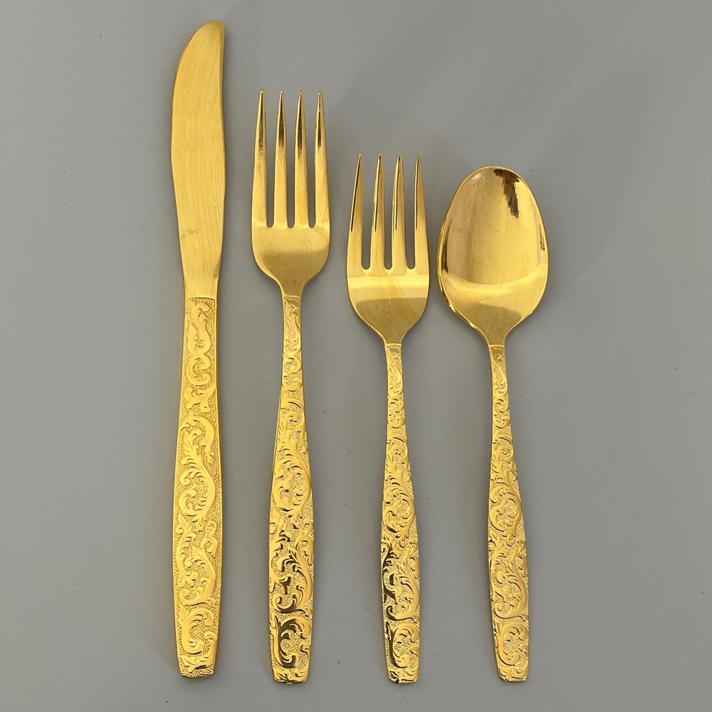 Americana Golden Heritage Stainless Flatware Set 4‎ Pc Gold Tone Ornate Pattern